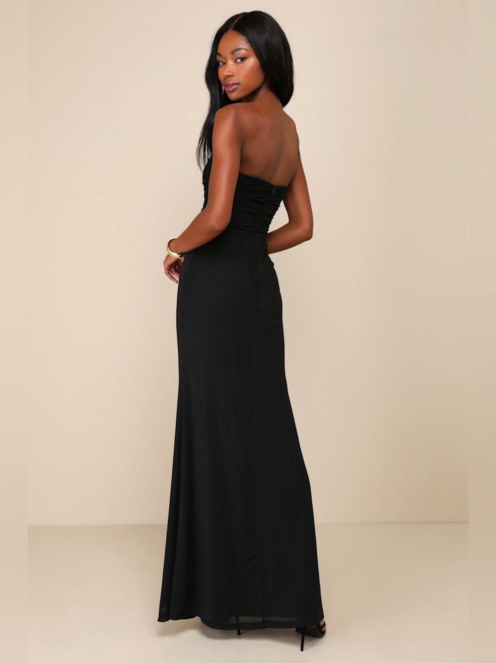 Lulu's Strapless Black Ruched Maxi Dress with High Slit NWT Size XL - Picture 2 of 7